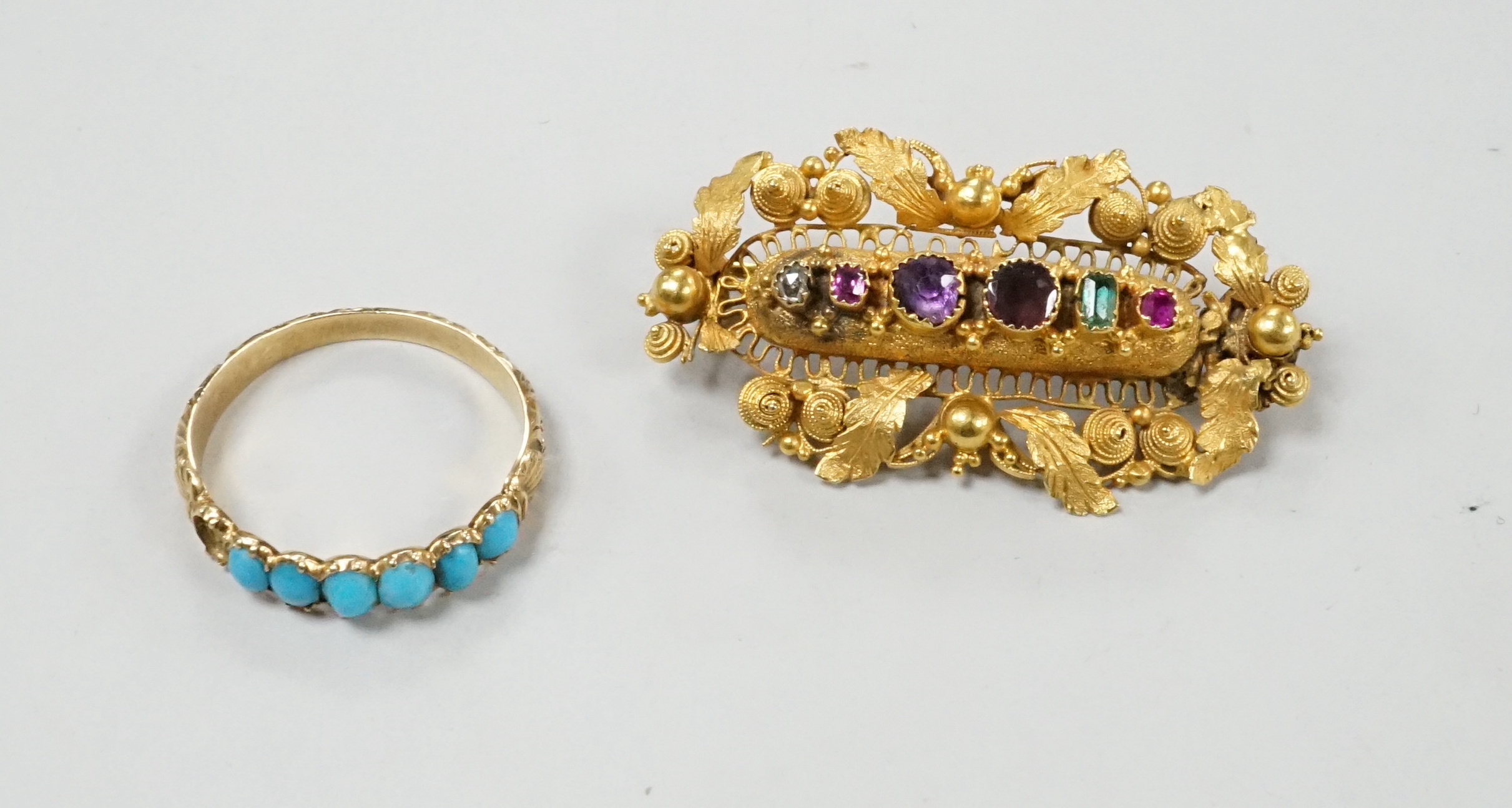 A Victorian yellow metal and gem set 'Regard' brooch, 36mm and a yellow metal and turquoise set half hoop ring (stone missing), gross weight 6.1 grams.